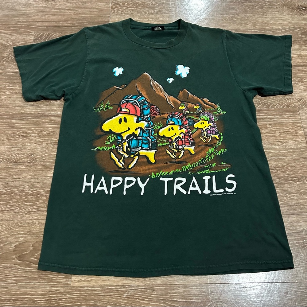 Peanuts Vintage 90s Woodstock Happy Trails Hiking Green Changes T-Shirt Size L
